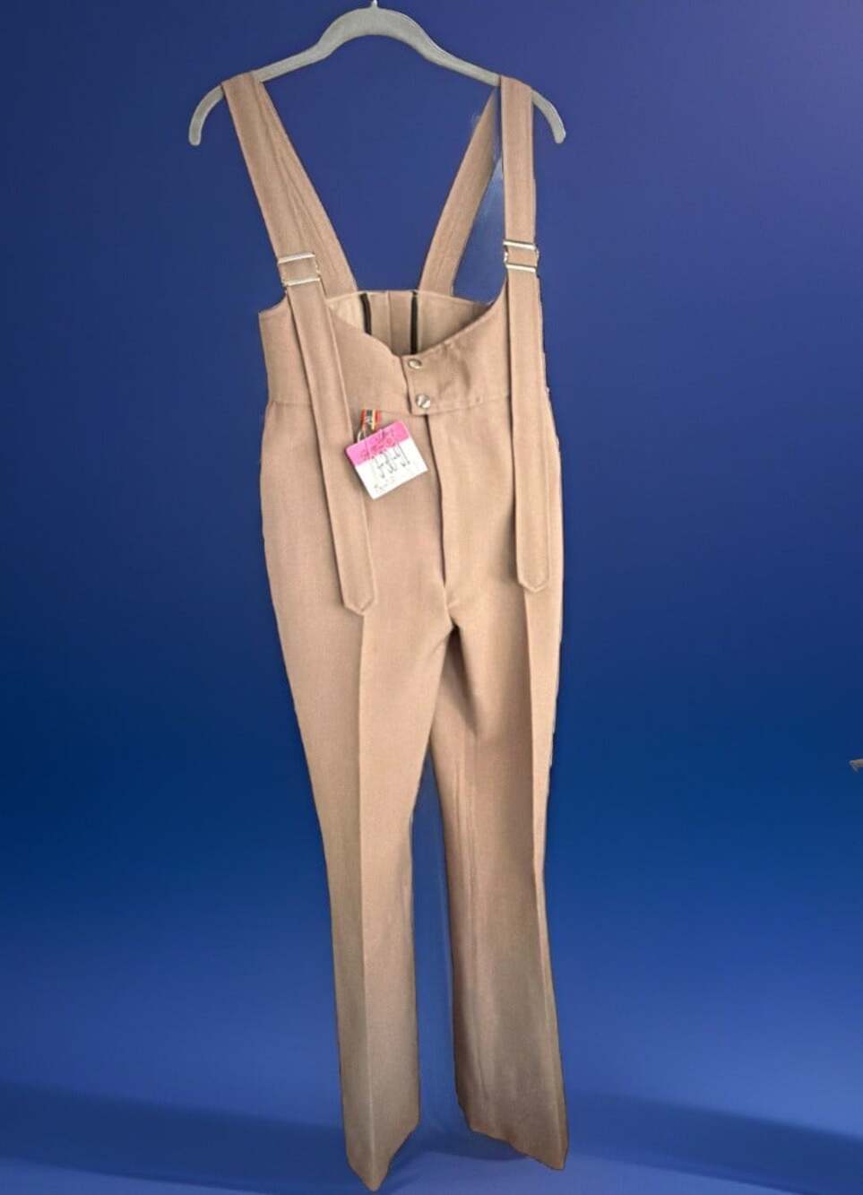 VNTG Roffe USA Womens Ski Bib Pants Wool Nylon Spandex Beige 1980s 12 W28” L30